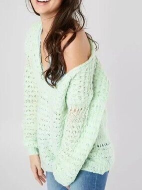 Free People Crashing Waves Pullover Open-Knit Sweater Sea Mint Size XS NWT